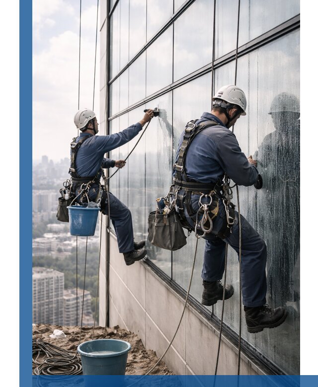 Профессиональная мойка фасадных окон альпинистами в Гусе-Хрустальном