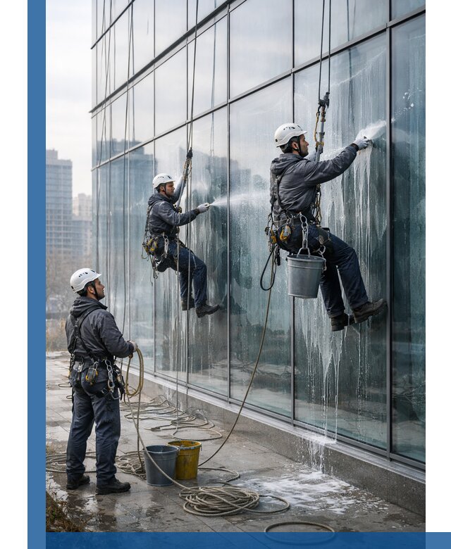 Промышленная мойка панорамных окон на высоте в Гусе-Хрустальном