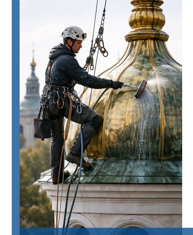 Профессиональная мойка куполов и шпилей высотными альпинистами в Гусе-Хрустальном