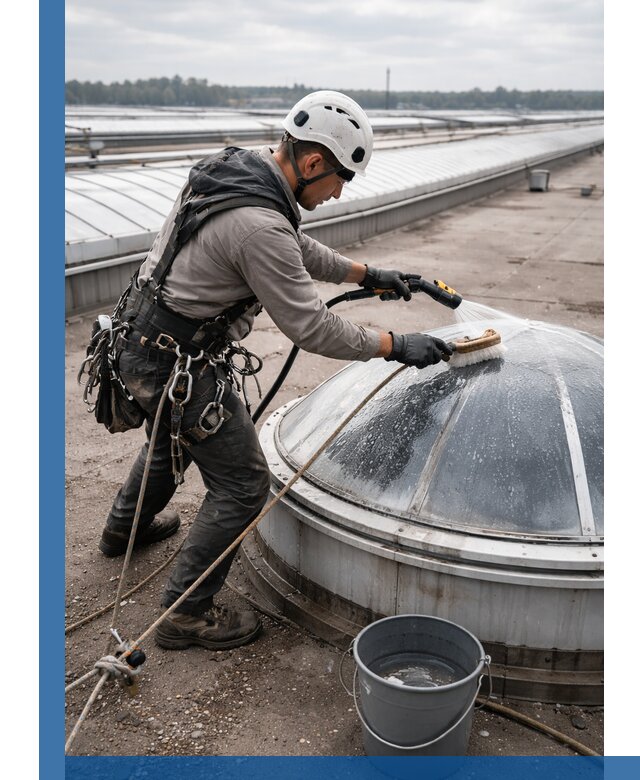 Мойка зенитных фонарей на кровле для промышленных объектов в Гусе-Хрустальном