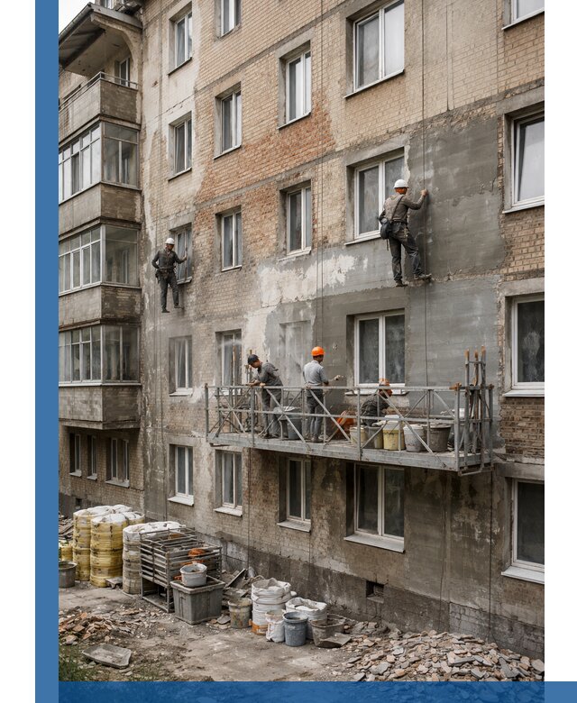 Капитальный ремонт фасада в Гусе-Хрустальном с восстановлением и гидроизоляцией