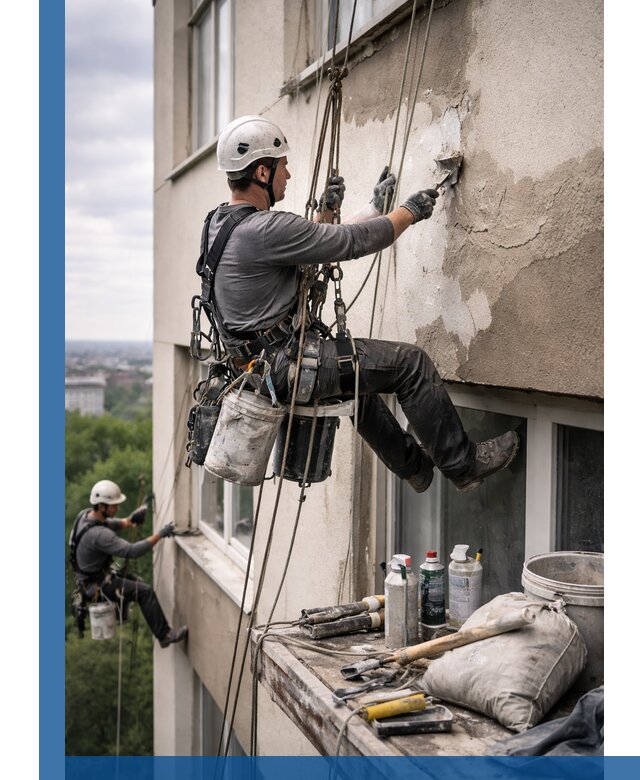 Косметический ремонт фасада зданий в Гусе-Хрустальном промышленными альпинистами