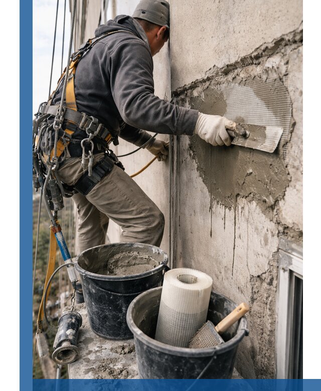 Ремонт бетонных элементов фасада промышленными альпинистами в Гусе-Хрустальном