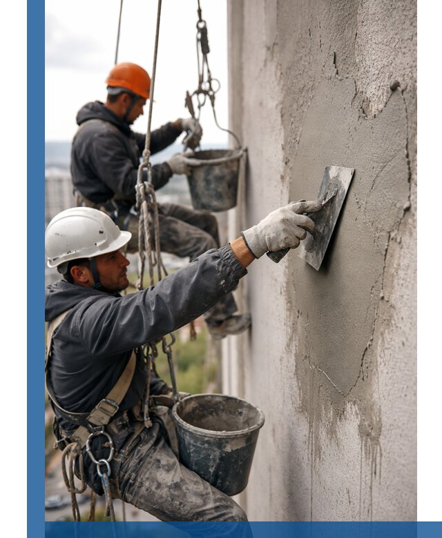 Штукатурка фасада на высоте в Гусе-Хрустальном профессиональные работы