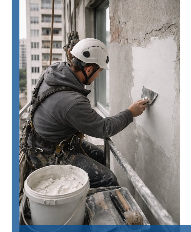 Шпаклевка фасадов на высоте с промальпинистами в Гусе-Хрустальном