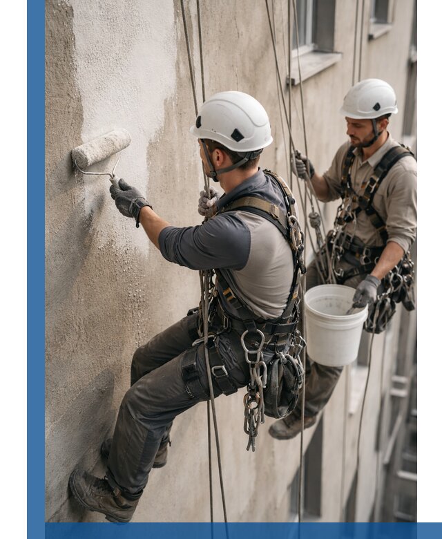 Грунтовка фасада на высоте в Гусе-Хрустальном промышленными альпинистами