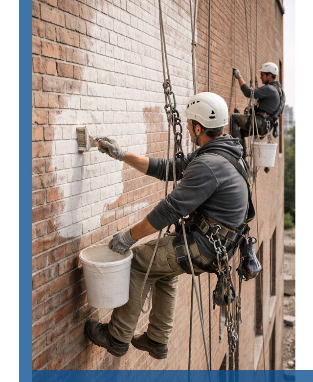 Покраска кирпичного фасада с доступным альпинистским сервисом в Гусе-Хрустальном