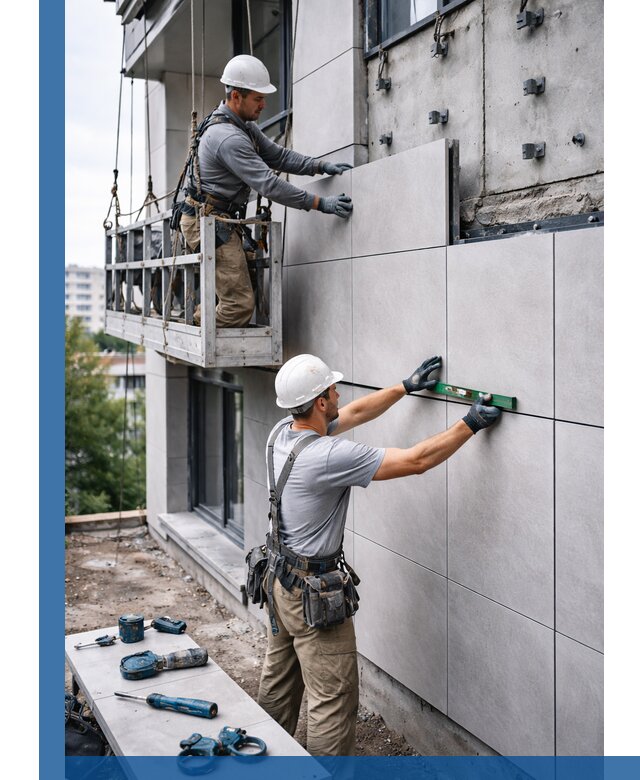 Монтаж керамогранита на фасад в Гусе-Хрустальном под ключ с гарантией качества