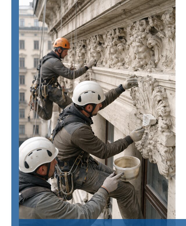 Реставрация фасадной лепнины с высотными работами в Гусе-Хрустальном