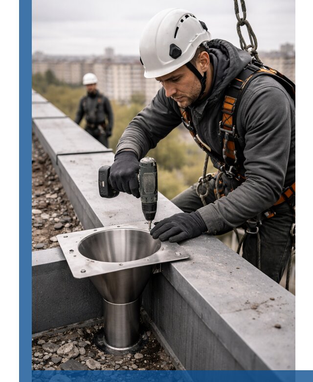 Монтаж водосточных воронок в Гусе-Хрустальном для промышленных зданий