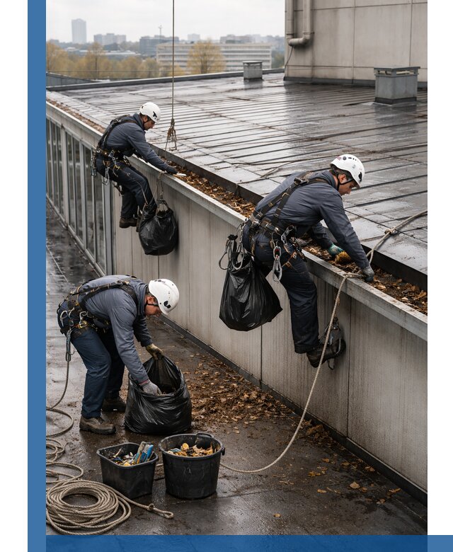 Очистка кровли по периметру в Гусе-Хрустальном силами промышленных альпинистов
