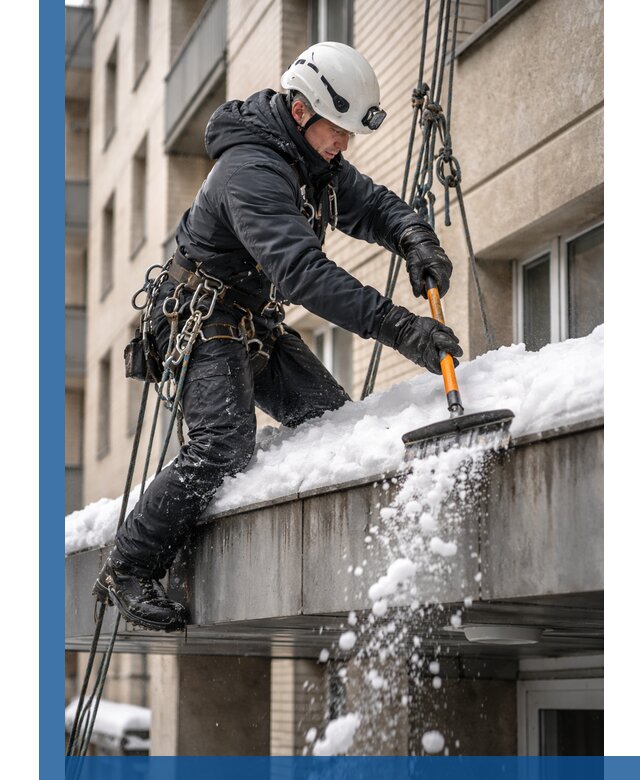 Очистка козырьков от снега в Гусе-Хрустальном круглогодично безопасно