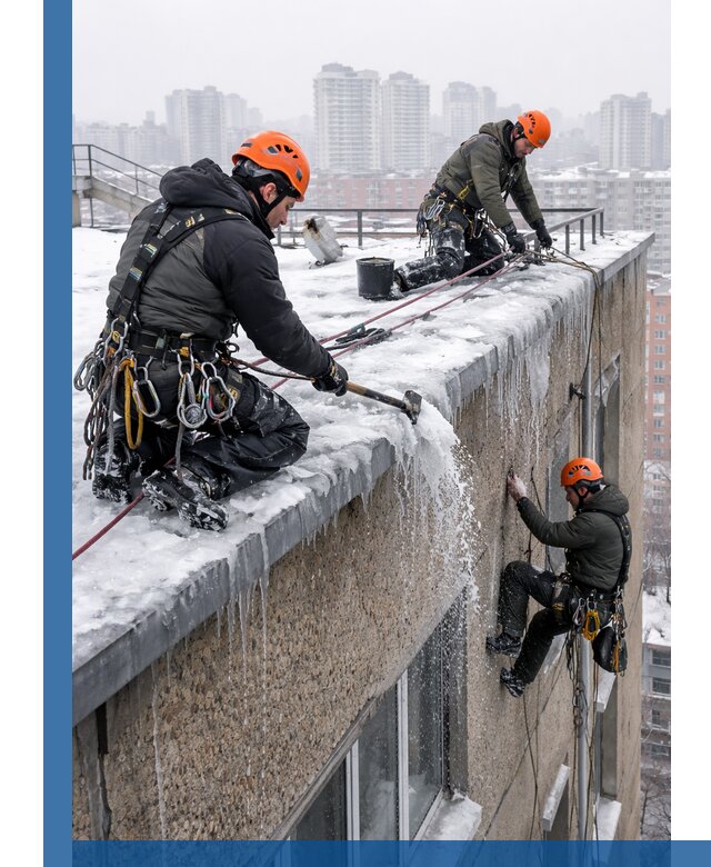 Удаление наледи с кровли в Гусе-Хрустальном промышленными альпинистами