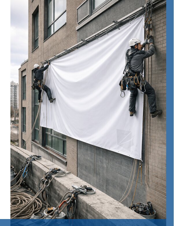 Монтаж баннеров на фасаде в Гусе-Хрустальном от 695 р. заказать ВЫСОТНИК-Гсь