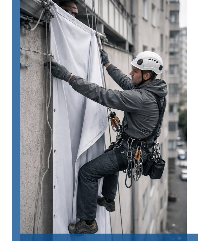 Замена баннерного полотна промышленными альпинистами в Гусе-Хрустальном