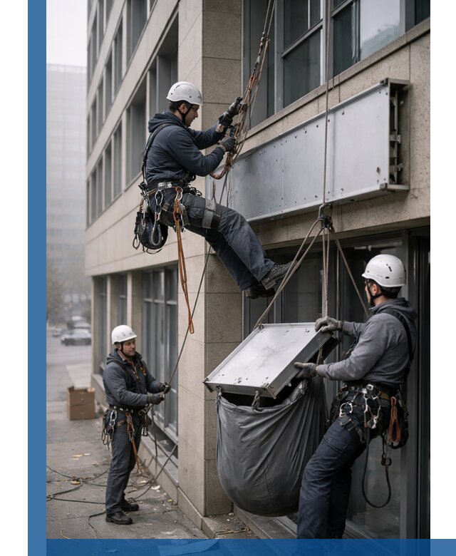 Демонтаж рекламной вывески с высотными работами в Гусе-Хрустальном