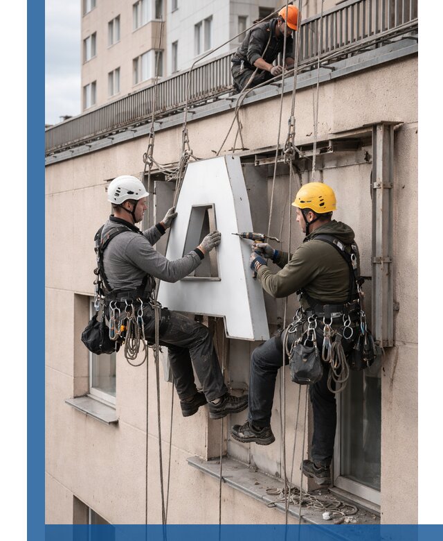 Ремонт и восстановление наружных вывесок на высоте в Гусе-Хрустальном