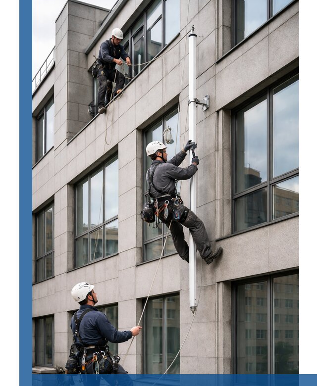 Монтаж флагштока на фасаде здания с креплением и герметикой в Гусе-Хрустальном