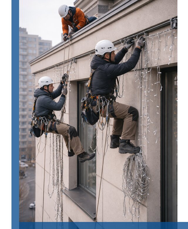 Монтаж праздничных гирлянд на фасаде в Гусе-Хрустальном для зданий