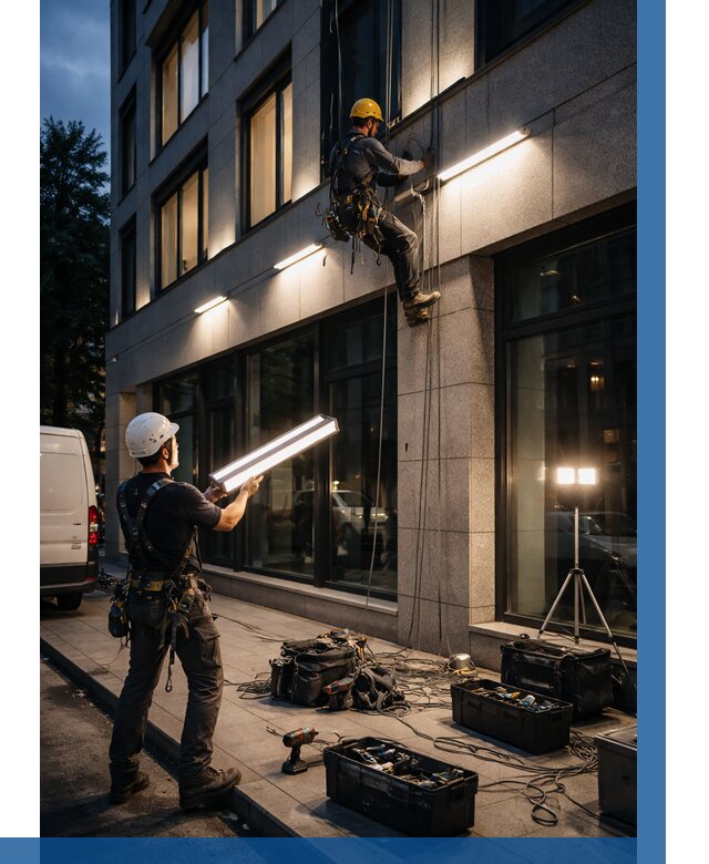 Монтаж архитектурной подсветки здания в Гусе-Хрустальном от 2675 р.|ВЫСОТНИК-Гсь