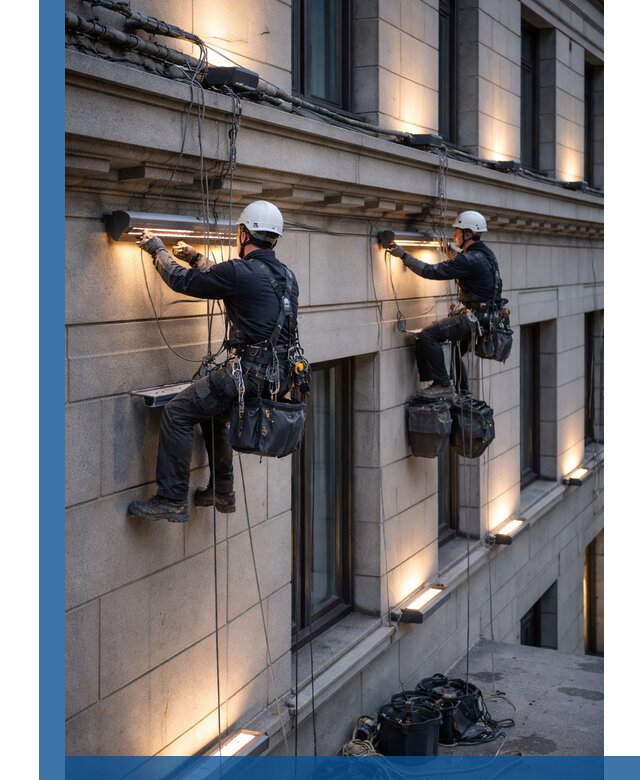 Монтаж архитектурной подсветки фасадов зданий в Гусе-Хрустальном