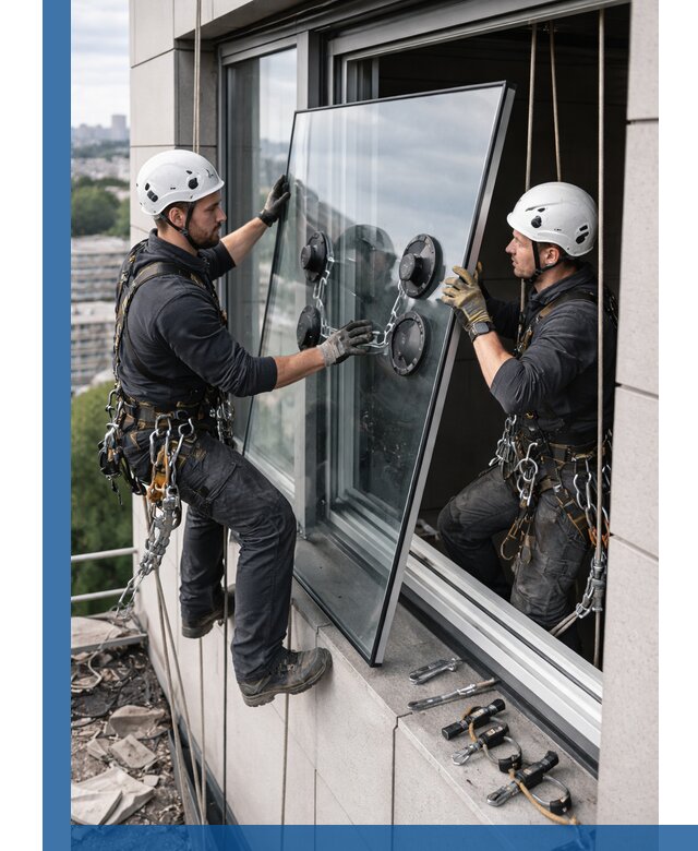 Замена стеклопакетов на высоте с промышленными альпинистами в Гусе-Хрустальном