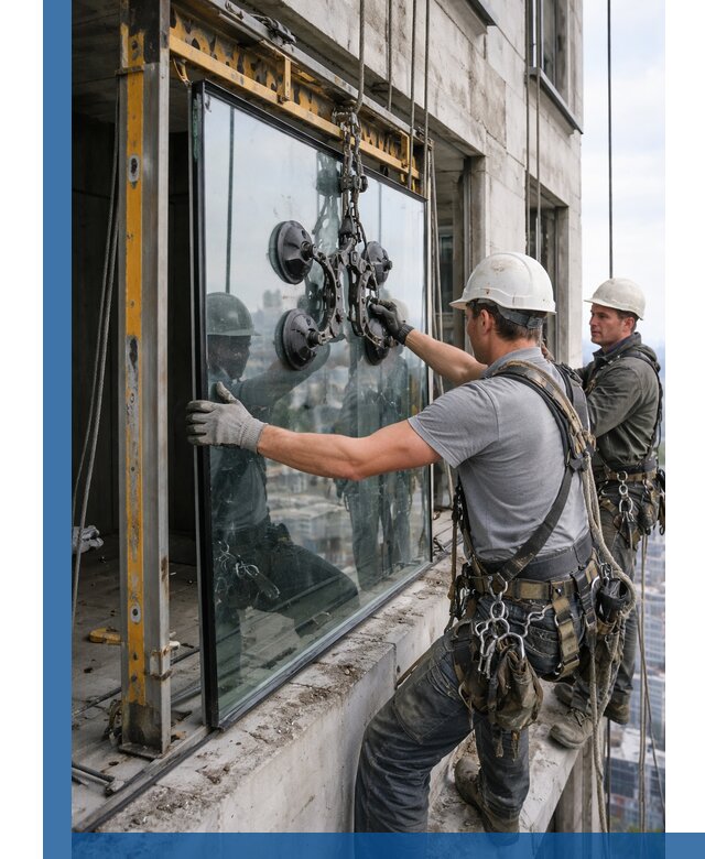 Монтаж стеклопакетов на высоте в Гусе-Хрустальном с промышленным альпинизмом