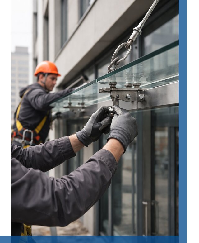 Монтаж стеклянных козырьков в Гусе-Хрустальном от 9093 р. | ВЫСОТНИК-Гсь