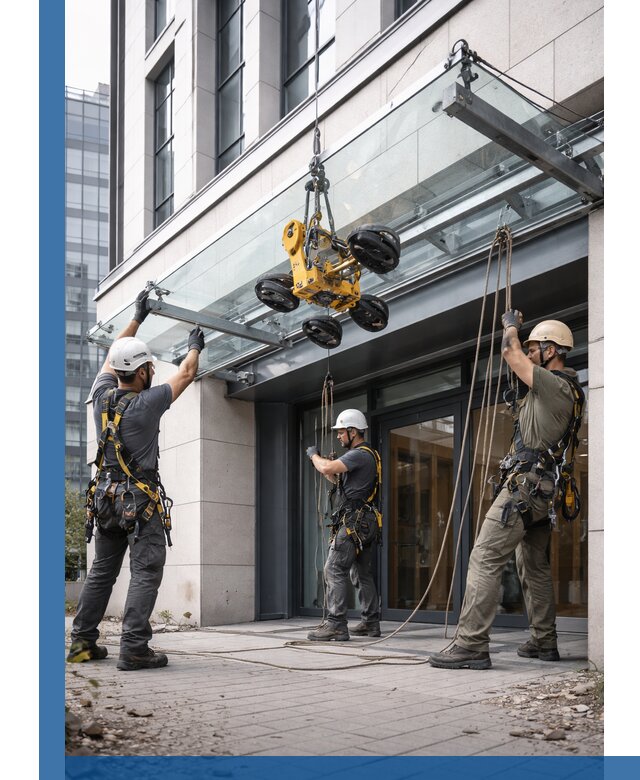 Монтаж стеклянных козырьков под ключ в Гусе-Хрустальном для зданий