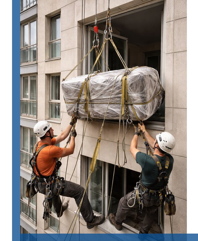 Подъем грузов через окно в Гусе-Хрустальном промышленными альпинистами