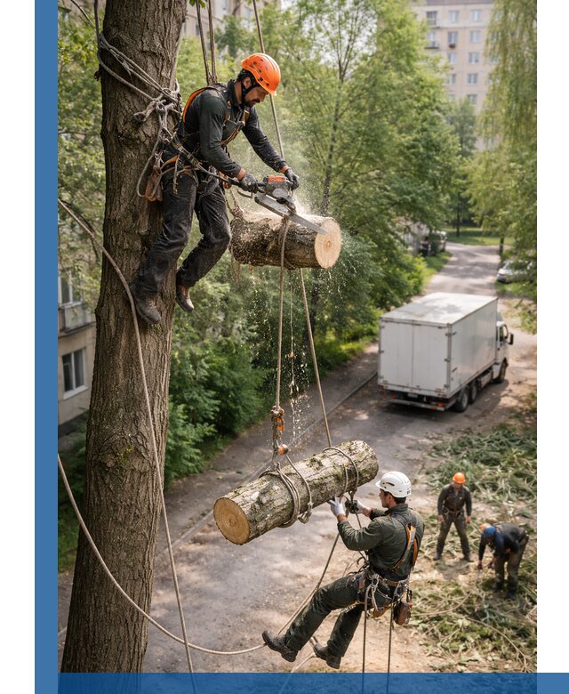 Спил деревьев альпинистами в Гусе-Хрустальном, безопасно и без повреждений