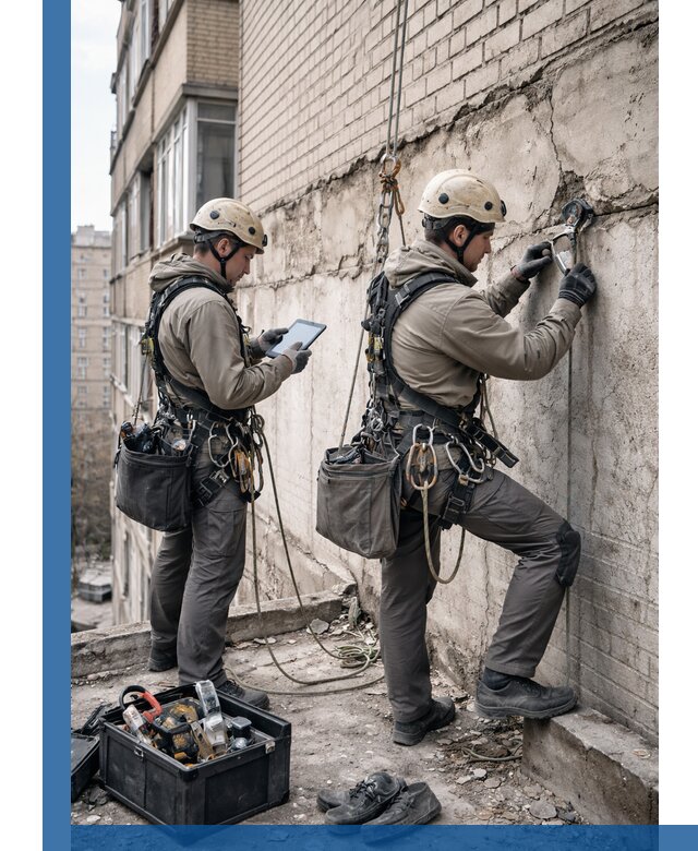 Обследование фасада промышленными альпинистами в Гусе-Хрустальном